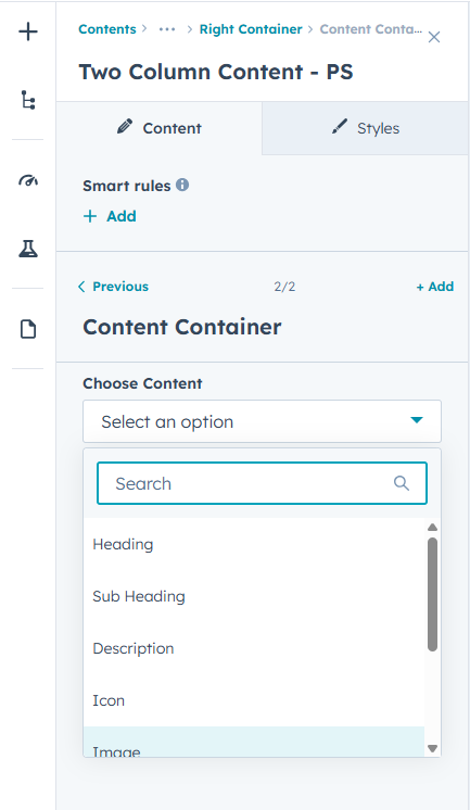 Right Container - Content Options